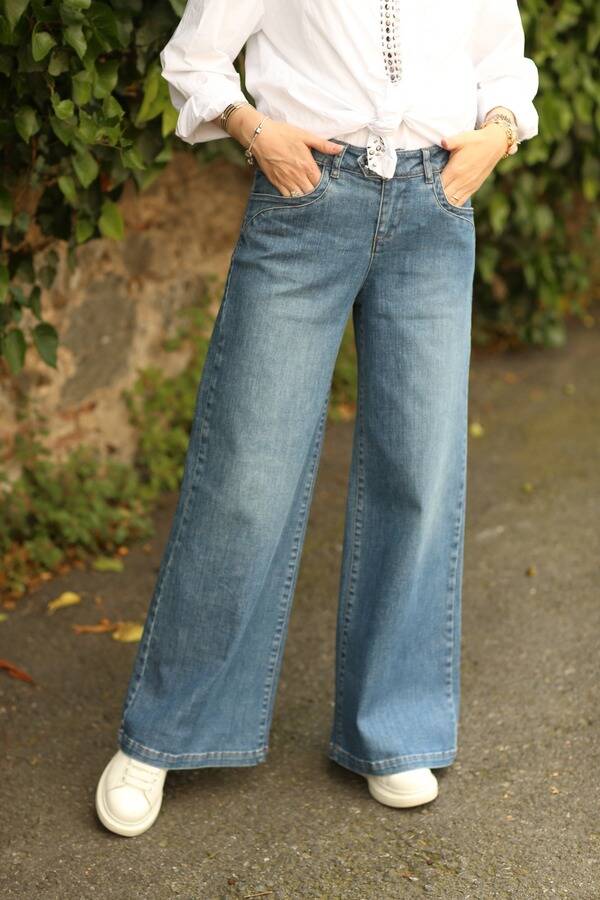 1067-Denim Bol Paça Pantolon Koyu Mavi
