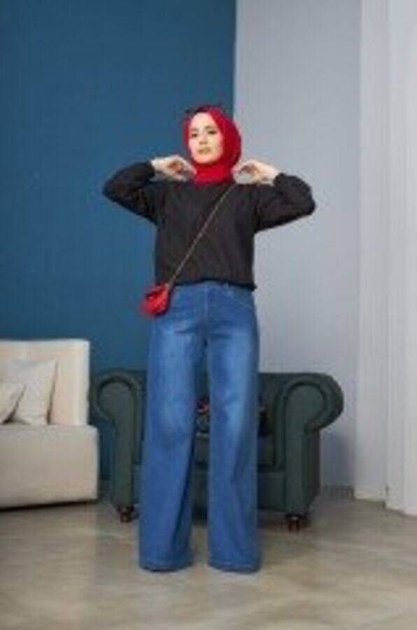 1067-Denim Bol Paça Pantolon Koyu Mavi