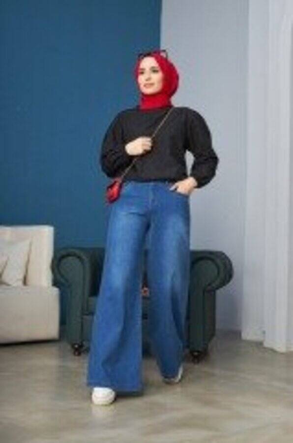 1067-Denim Bol Paça Pantolon Koyu Mavi