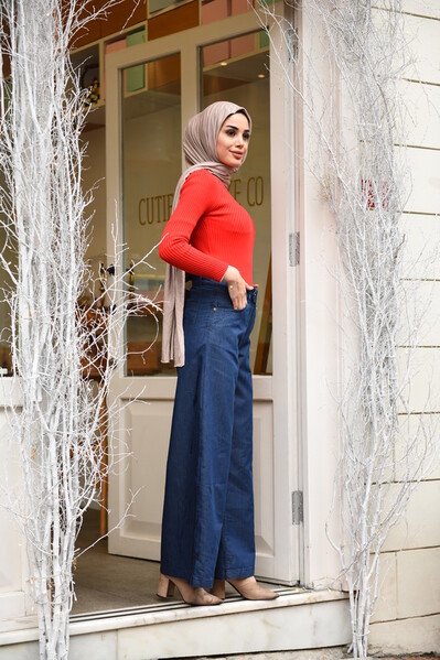 Neways - 1067-DENİM BOL PAÇA PANTOLON Lacivert