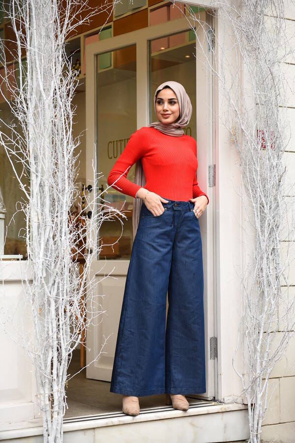 1067-DENİM BOL PAÇA PANTOLON Lacivert
