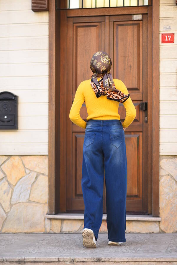 1067-Denim Bol Paça Pantolon Lacivert