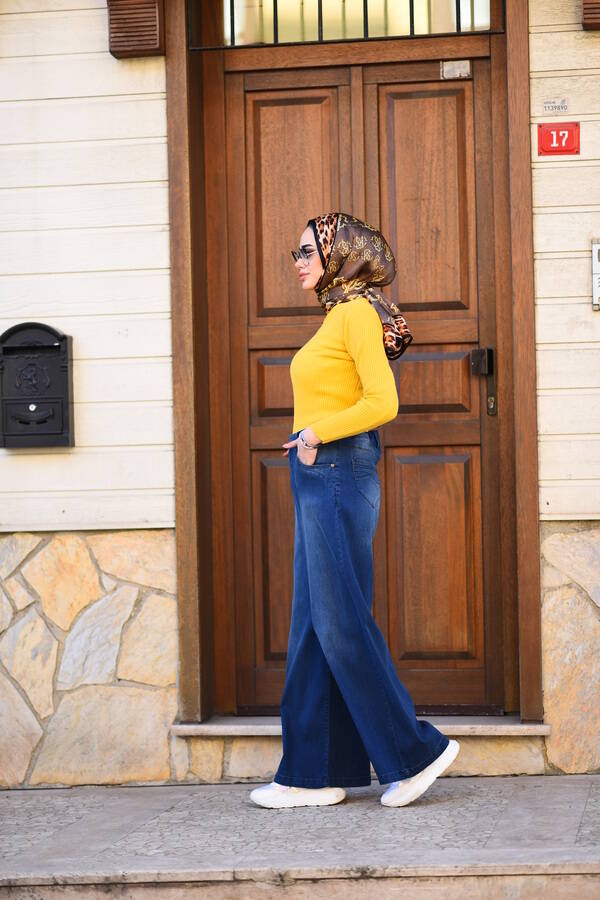 1067-Denim Bol Paça Pantolon Lacivert