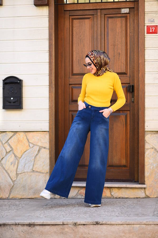 1067-Denim Bol Paça Pantolon Lacivert