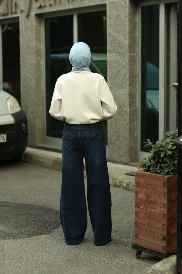 1067-Denim Bol Paça Pantolon Lacivert