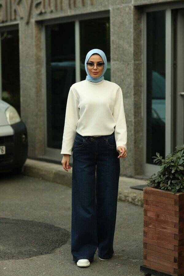 1067-Denim Bol Paça Pantolon Lacivert