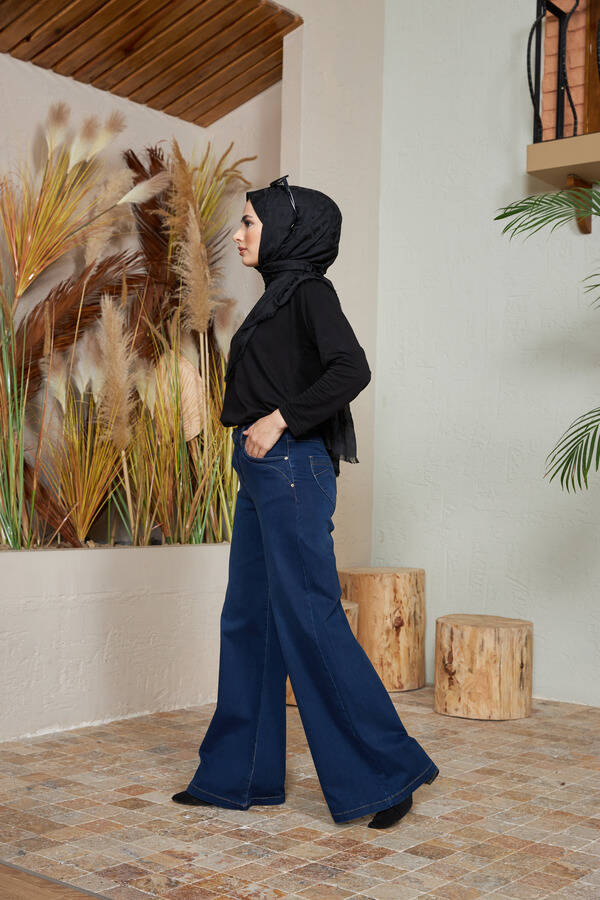 1067-Denim Bol Paça Pantolon Lacivert