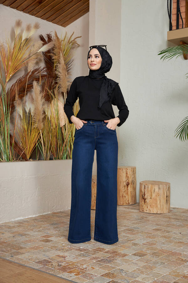 1067-Denim Bol Paça Pantolon Lacivert
