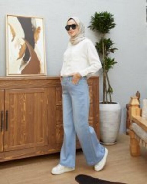 Neways - 1067-Denim Bol Paça Pantolon Mavi