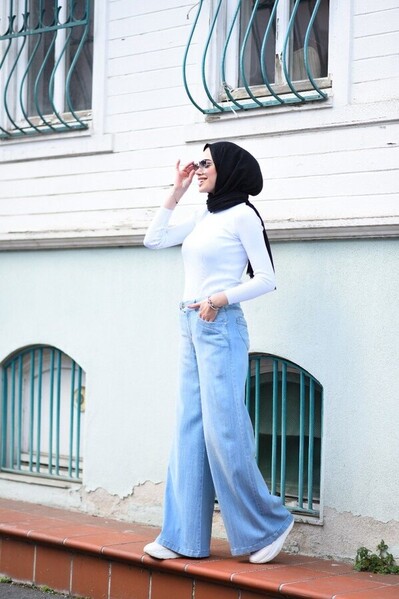 Neways - 1067-Denim Bol Paça Pantolon Mavi