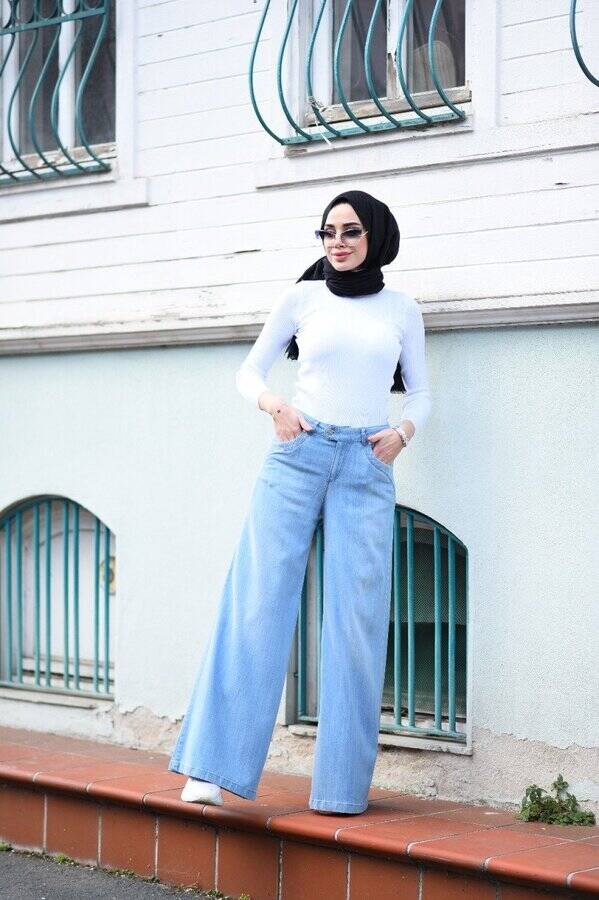 1067-Denim Bol Paça Pantolon Mavi