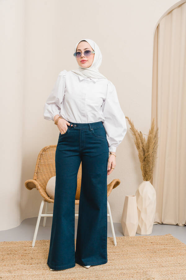 1067-Denim Bol Paça Pantolon Petrol