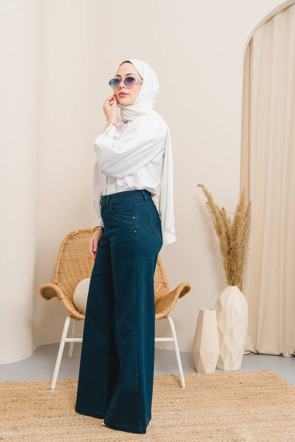 1067-Denim Bol Paça Pantolon Petrol