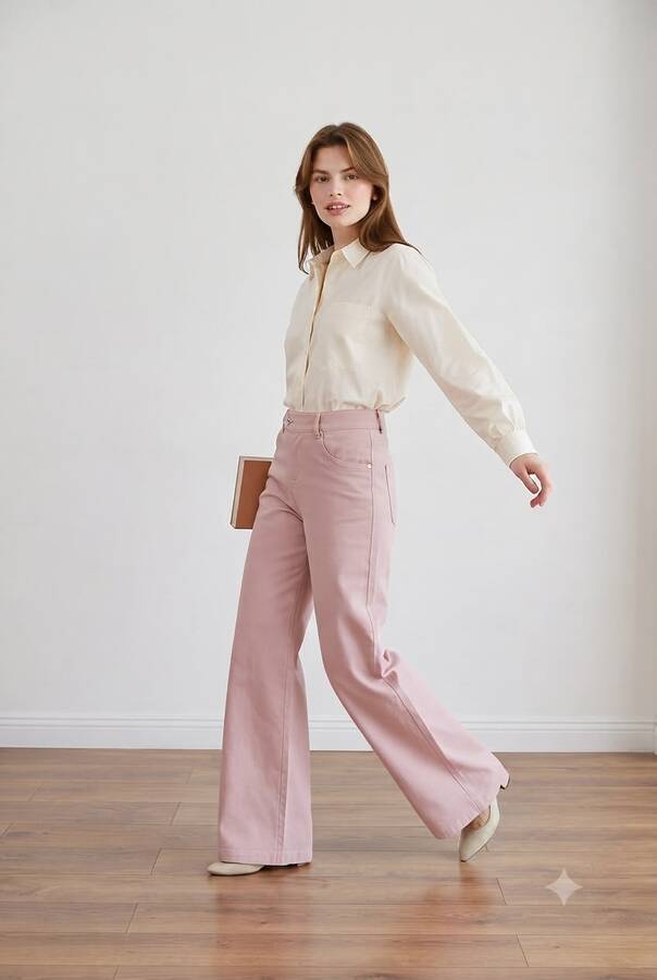 1067-Denim Bol Paça Pantolon Pudra