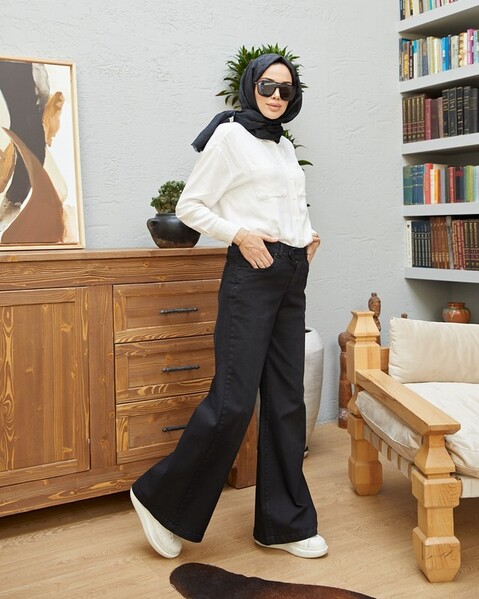 Neways - 1067-Denim Bol Paça Pantolon Siyah