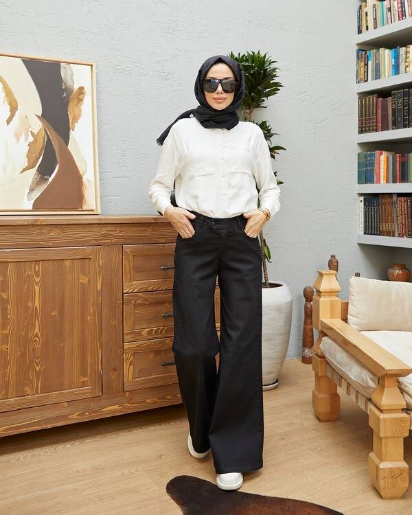 1067-Denim Bol Paça Pantolon Siyah