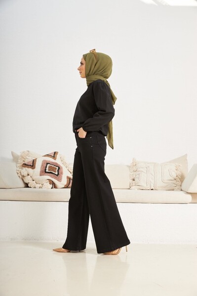 Neways - 1067-Denim Bol Paça Pantolon Siyah