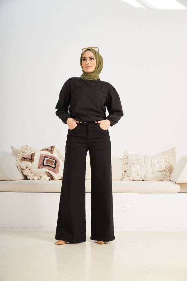 1067-Denim Bol Paça Pantolon Siyah