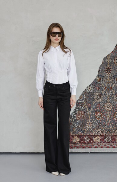 Neways - 1067-Denim Bol Paça Pantolon Siyah