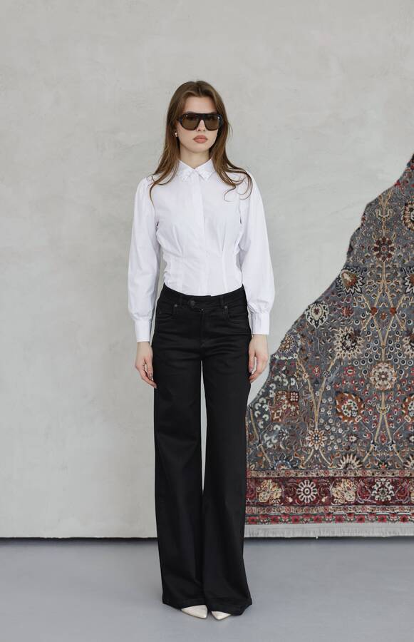 1067-Denim Bol Paça Pantolon Siyah