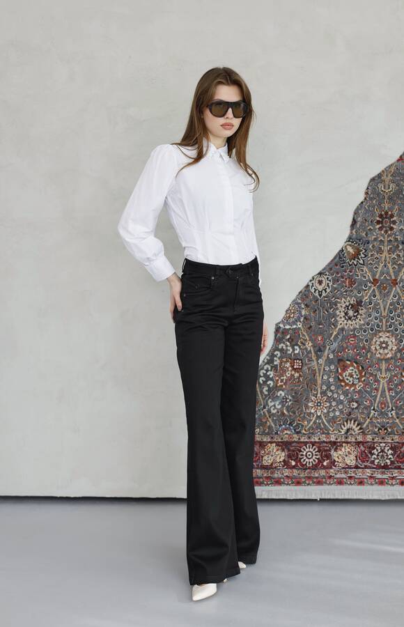 1067-Denim Bol Paça Pantolon Siyah