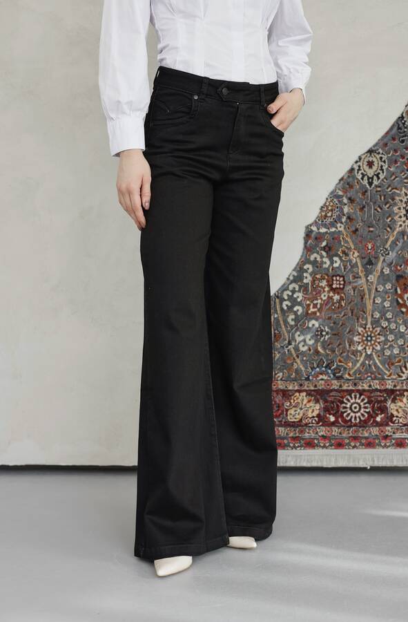 1067-Denim Bol Paça Pantolon Siyah