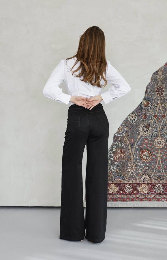 1067-Denim Bol Paça Pantolon Siyah