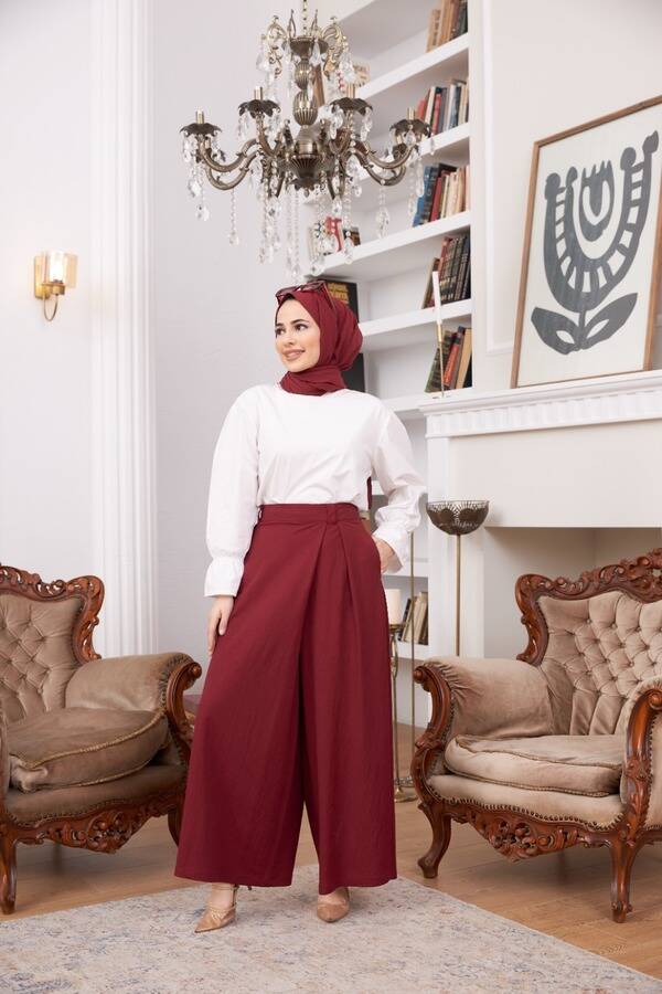 1073-Ancelina Pantolon etek Bordo