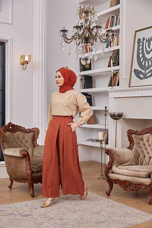 1073-Ancelina Pantolon etek Taba - 2