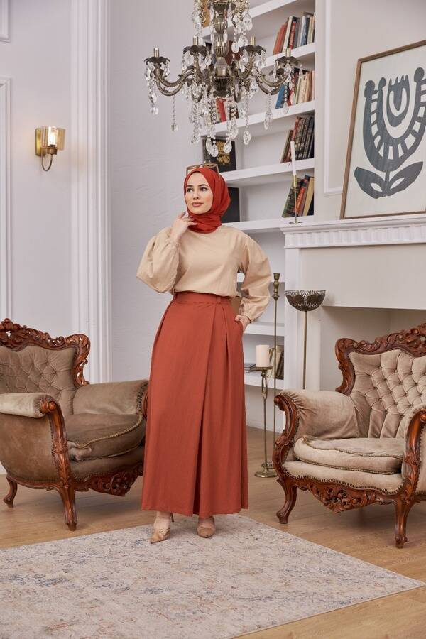 1073-Ancelina Pantolon etek Taba