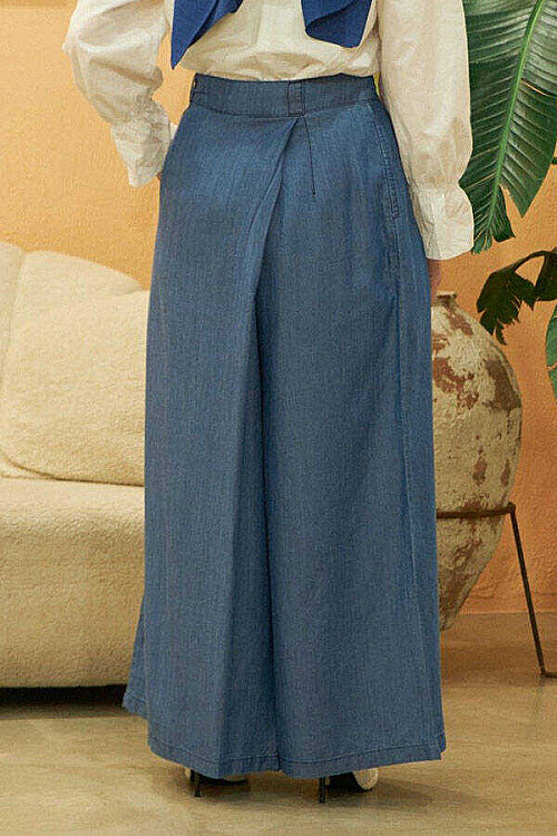 1073-Denim Tensel Pantolon Etek Koyu Mavi - 4