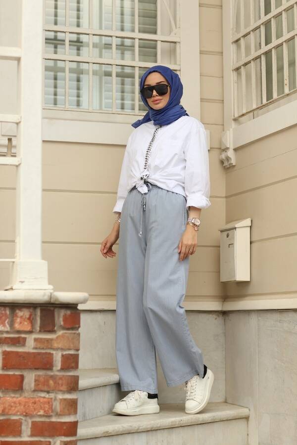 1105-Lastikli Denim Pantolon Açık Mavi