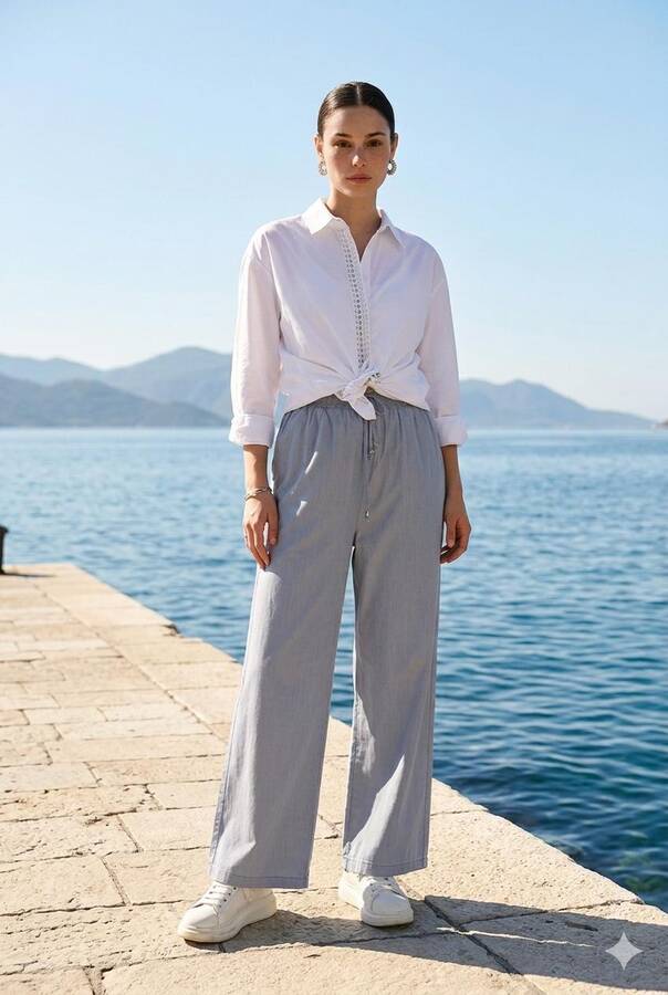 1105-Lastikli Denim Pantolon Açık Mavi
