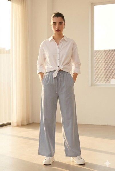 Neways - 1105-Lastikli Denim Pantolon Açık Mavi
