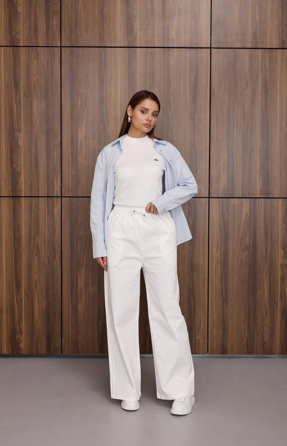 1105-Lastikli Denim Pantolon Beyaz