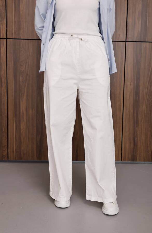 1105-Lastikli Denim Pantolon Beyaz