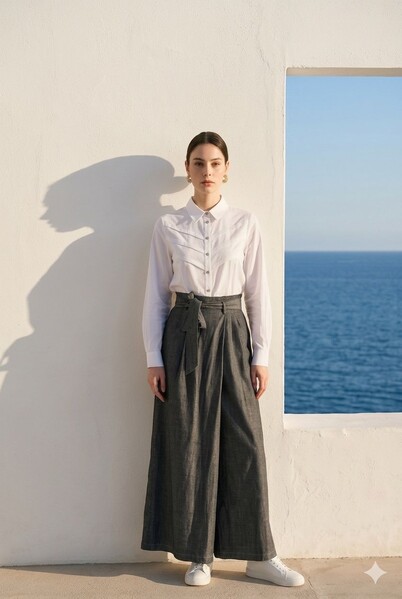 Neways - 1119-Denim Lastikli Pantolon Etek Koyu Gri