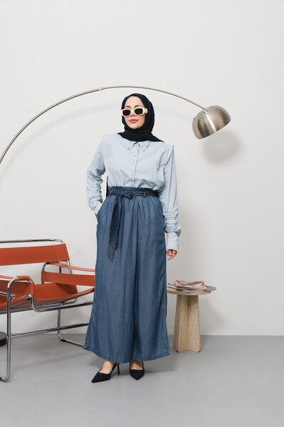 Neways - 1119-Denim Lastikli Pantolon Etek Koyu Mavi