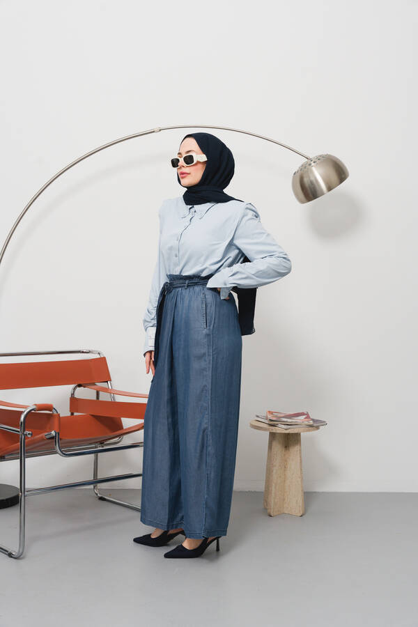 1119-Denim Lastikli Pantolon Etek Koyu Mavi