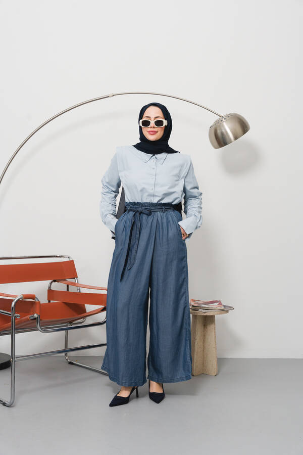 1119-Denim Lastikli Pantolon Etek Koyu Mavi