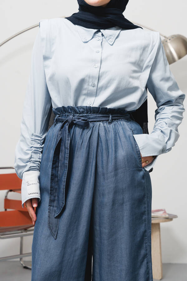 1119-Denim Lastikli Pantolon Etek Koyu Mavi