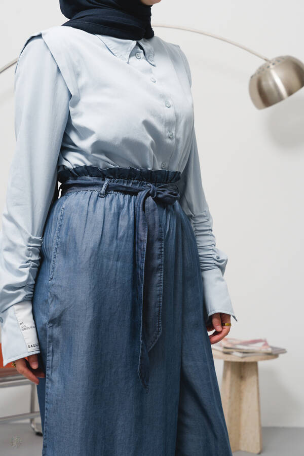 1119-Denim Lastikli Pantolon Etek Koyu Mavi