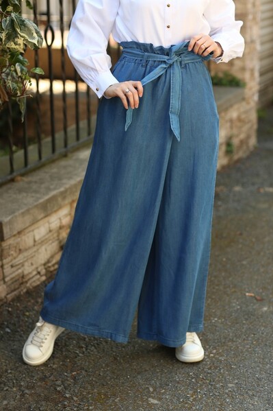 Neways - 1119-Denim Lastikli Pantolon Etek Mavi