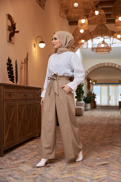 Neways - 1119-Denim Lastikli Parça boya Pantolon Bej