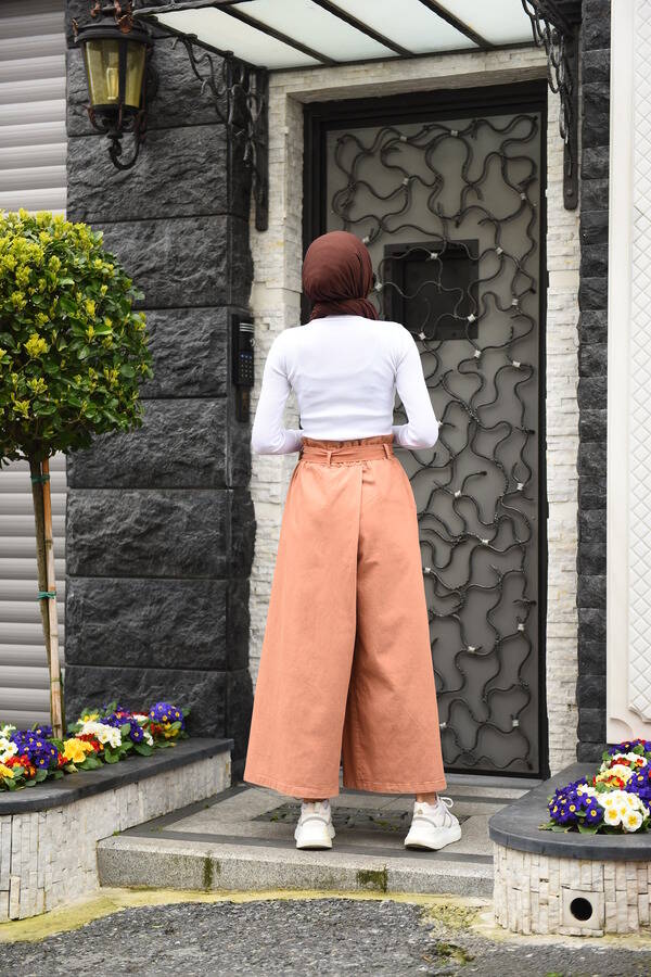 1119-Denim Lastikli Parça boya Pantolon Kiremit