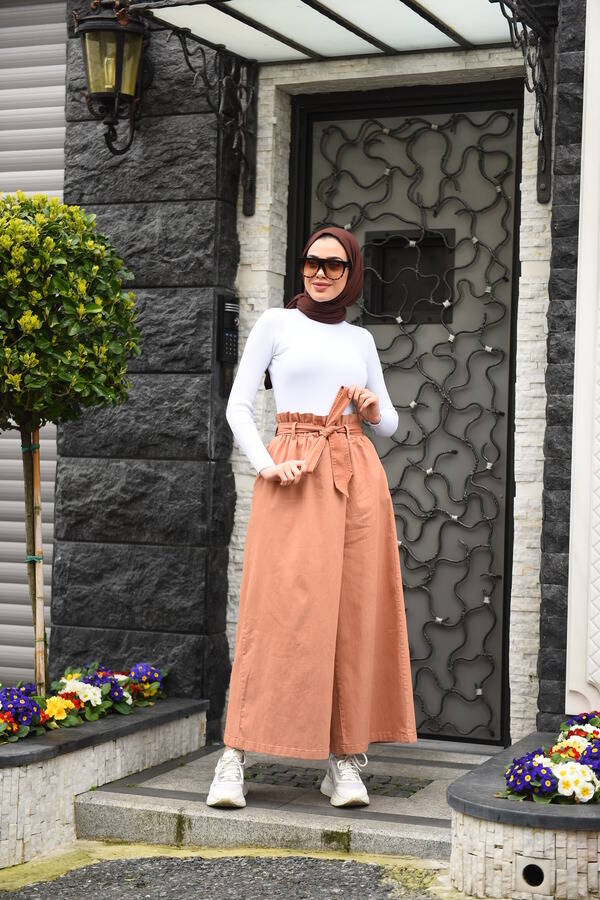 1119-Denim Lastikli Parça boya Pantolon Kiremit