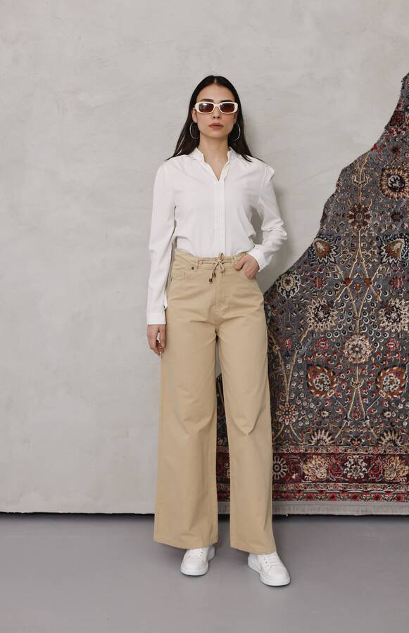 1123-Bağcıklı Bol Paça Pfd Pantolon Bej