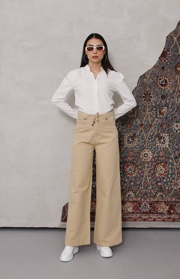 1123-Bağcıklı Bol Paça Pfd Pantolon Bej
