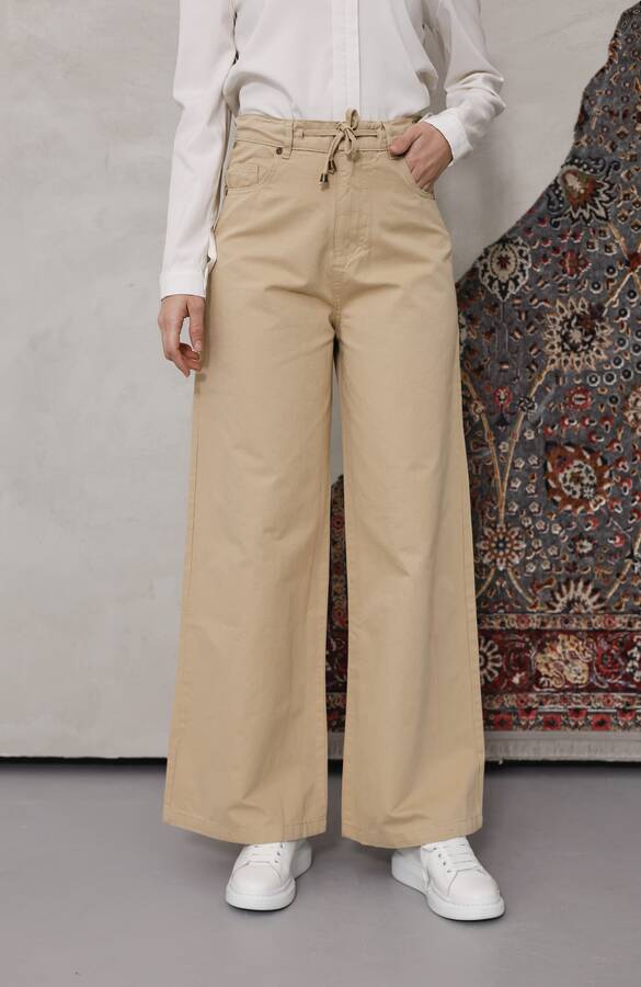 1123-Bağcıklı Bol Paça Pfd Pantolon Bej