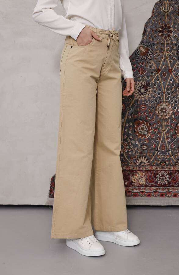 1123-Bağcıklı Bol Paça Pfd Pantolon Bej